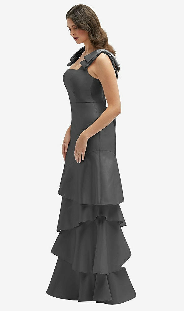Front View - Gunmetal Bow-Shoulder Satin Maxi Dress with Asymmetrical Tiered Skirt