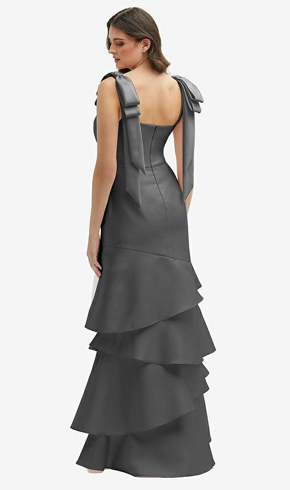 Back View - Gunmetal Bow-Shoulder Satin Maxi Dress with Asymmetrical Tiered Skirt