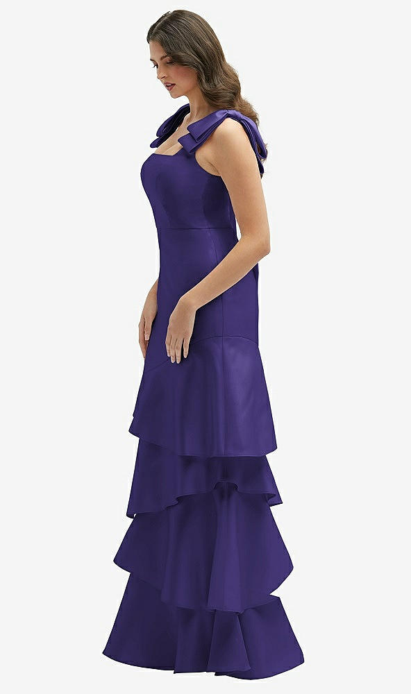 Front View - Grape Bow-Shoulder Satin Maxi Dress with Asymmetrical Tiered Skirt