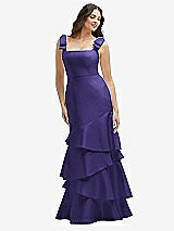 Side View Thumbnail - Grape Bow-Shoulder Satin Maxi Dress with Asymmetrical Tiered Skirt