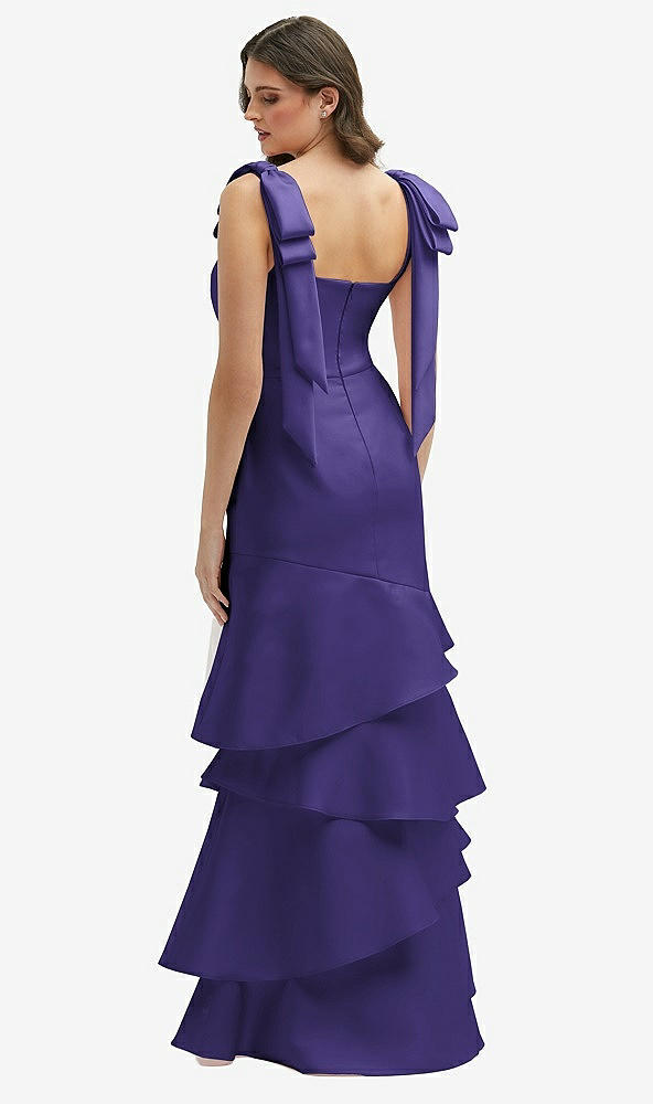 Back View - Grape Bow-Shoulder Satin Maxi Dress with Asymmetrical Tiered Skirt