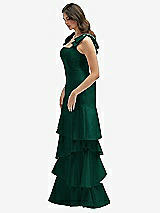 Front View Thumbnail - Hunter Green Bow-Shoulder Satin Maxi Dress with Asymmetrical Tiered Skirt