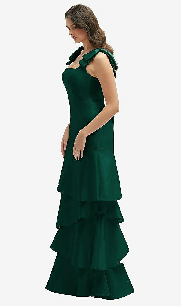 Front View - Hunter Green Bow-Shoulder Satin Maxi Dress with Asymmetrical Tiered Skirt