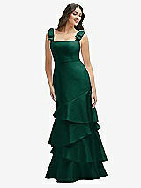 Side View Thumbnail - Hunter Green Bow-Shoulder Satin Maxi Dress with Asymmetrical Tiered Skirt