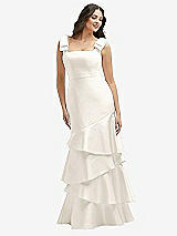 Side View Thumbnail - Ivory Bow-Shoulder Satin Maxi Dress with Asymmetrical Tiered Skirt