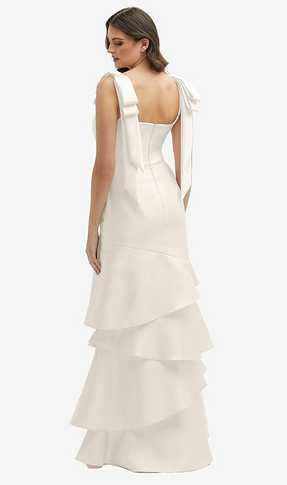 Back View - Ivory Bow-Shoulder Satin Maxi Dress with Asymmetrical Tiered Skirt
