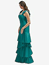 Front View Thumbnail - Jade Bow-Shoulder Satin Maxi Dress with Asymmetrical Tiered Skirt