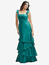 Side View Thumbnail - Jade Bow-Shoulder Satin Maxi Dress with Asymmetrical Tiered Skirt