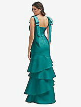 Rear View Thumbnail - Jade Bow-Shoulder Satin Maxi Dress with Asymmetrical Tiered Skirt
