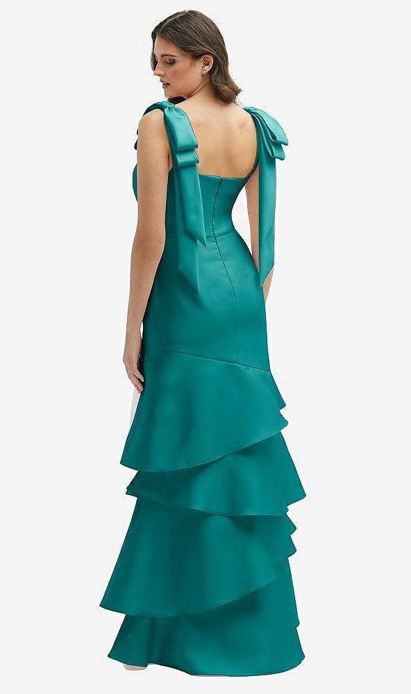 Back View - Jade Bow-Shoulder Satin Maxi Dress with Asymmetrical Tiered Skirt