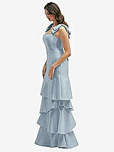 Front View Thumbnail - Mist Bow-Shoulder Satin Maxi Dress with Asymmetrical Tiered Skirt
