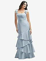 Side View Thumbnail - Mist Bow-Shoulder Satin Maxi Dress with Asymmetrical Tiered Skirt