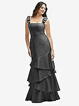 Side View Thumbnail - Pewter Bow-Shoulder Satin Maxi Dress with Asymmetrical Tiered Skirt
