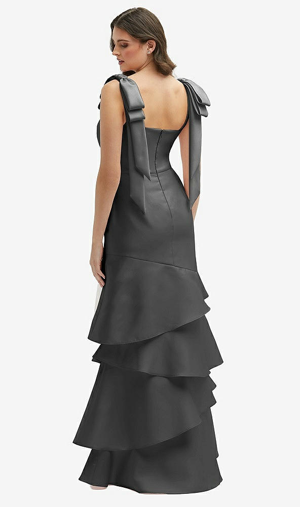 Back View - Pewter Bow-Shoulder Satin Maxi Dress with Asymmetrical Tiered Skirt