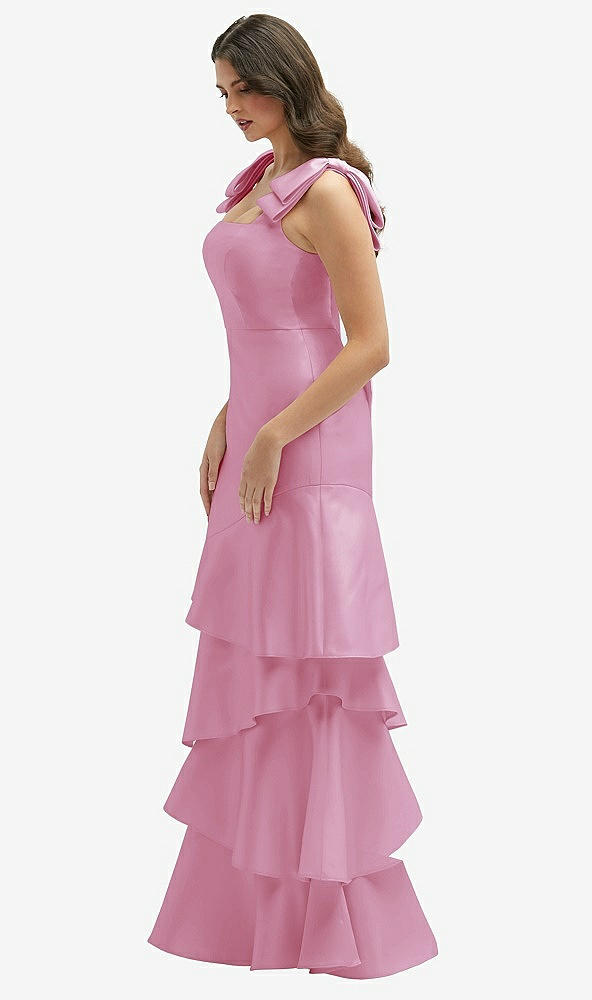 Front View - Powder Pink Bow-Shoulder Satin Maxi Dress with Asymmetrical Tiered Skirt