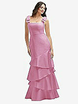 Side View Thumbnail - Powder Pink Bow-Shoulder Satin Maxi Dress with Asymmetrical Tiered Skirt
