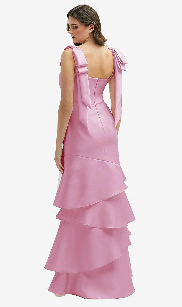 Back View - Powder Pink Bow-Shoulder Satin Maxi Dress with Asymmetrical Tiered Skirt