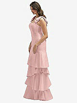 Front View Thumbnail - Rose - PANTONE Rose Quartz Bow-Shoulder Satin Maxi Dress with Asymmetrical Tiered Skirt