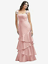 Side View Thumbnail - Rose - PANTONE Rose Quartz Bow-Shoulder Satin Maxi Dress with Asymmetrical Tiered Skirt