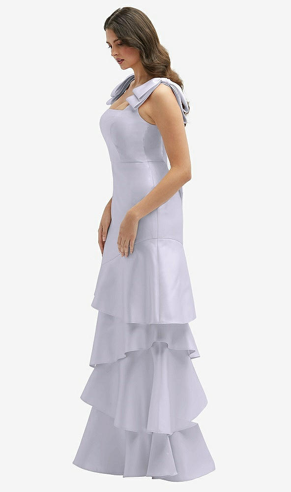Front View - Silver Dove Bow-Shoulder Satin Maxi Dress with Asymmetrical Tiered Skirt