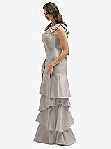 Front View Thumbnail - Taupe Bow-Shoulder Satin Maxi Dress with Asymmetrical Tiered Skirt