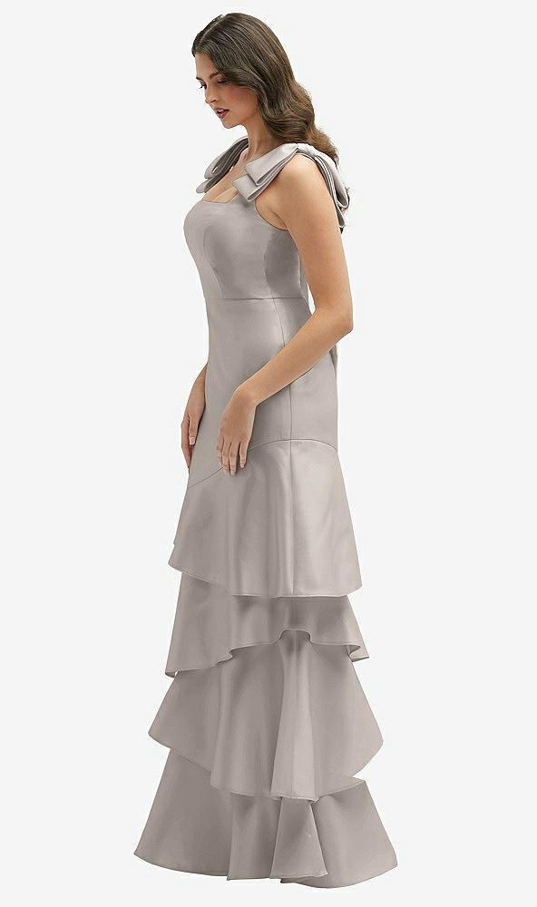 Front View - Taupe Bow-Shoulder Satin Maxi Dress with Asymmetrical Tiered Skirt