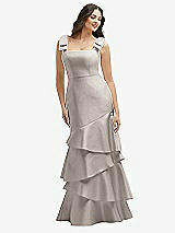 Side View Thumbnail - Taupe Bow-Shoulder Satin Maxi Dress with Asymmetrical Tiered Skirt