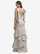 Rear View Thumbnail - Taupe Bow-Shoulder Satin Maxi Dress with Asymmetrical Tiered Skirt