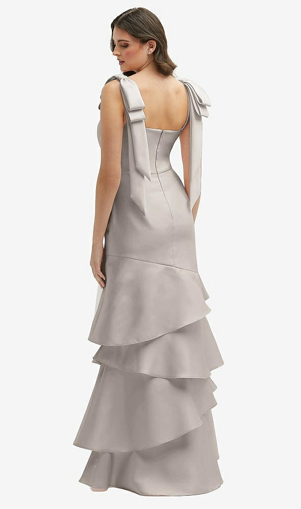 Back View - Taupe Bow-Shoulder Satin Maxi Dress with Asymmetrical Tiered Skirt
