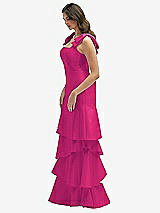 Front View Thumbnail - Think Pink Bow-Shoulder Satin Maxi Dress with Asymmetrical Tiered Skirt