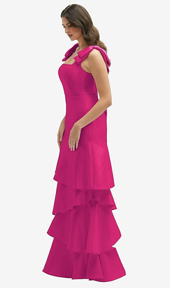 Front View - Think Pink Bow-Shoulder Satin Maxi Dress with Asymmetrical Tiered Skirt