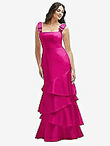 Side View Thumbnail - Think Pink Bow-Shoulder Satin Maxi Dress with Asymmetrical Tiered Skirt