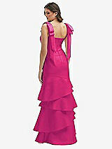 Rear View Thumbnail - Think Pink Bow-Shoulder Satin Maxi Dress with Asymmetrical Tiered Skirt