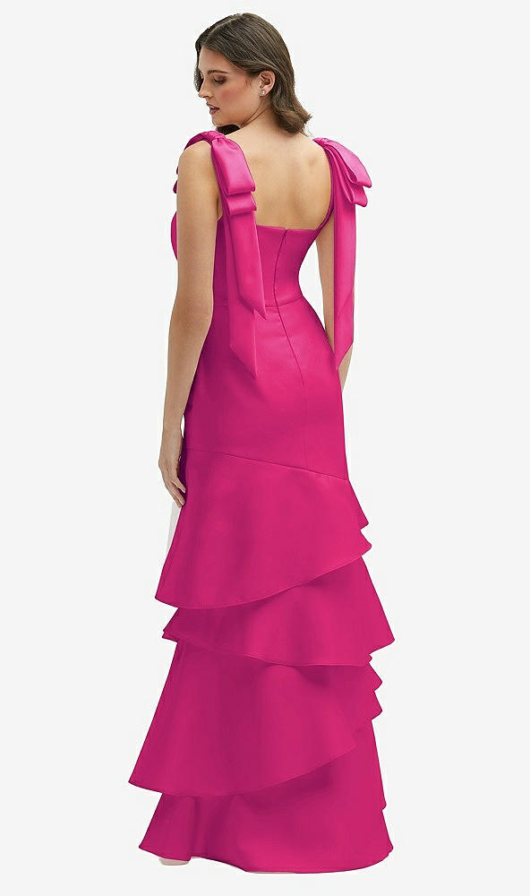 Back View - Think Pink Bow-Shoulder Satin Maxi Dress with Asymmetrical Tiered Skirt