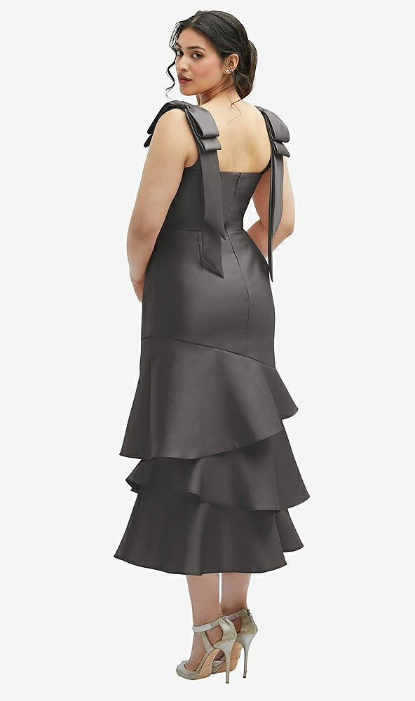 Front View - Caviar Gray Bow-Shoulder Satin Midi Dress with Asymmetrical Tiered Skirt