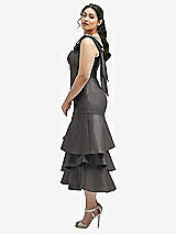 Side View Thumbnail - Caviar Gray Bow-Shoulder Satin Midi Dress with Asymmetrical Tiered Skirt