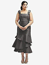 Rear View Thumbnail - Caviar Gray Bow-Shoulder Satin Midi Dress with Asymmetrical Tiered Skirt