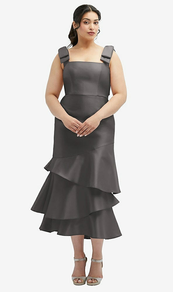Back View - Caviar Gray Bow-Shoulder Satin Midi Dress with Asymmetrical Tiered Skirt