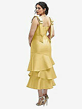 Front View Thumbnail - Maize Bow-Shoulder Satin Midi Dress with Asymmetrical Tiered Skirt
