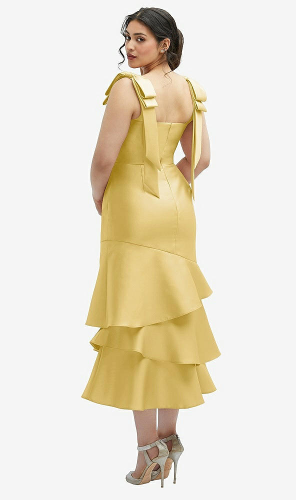 Front View - Maize Bow-Shoulder Satin Midi Dress with Asymmetrical Tiered Skirt