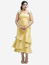 Rear View Thumbnail - Maize Bow-Shoulder Satin Midi Dress with Asymmetrical Tiered Skirt
