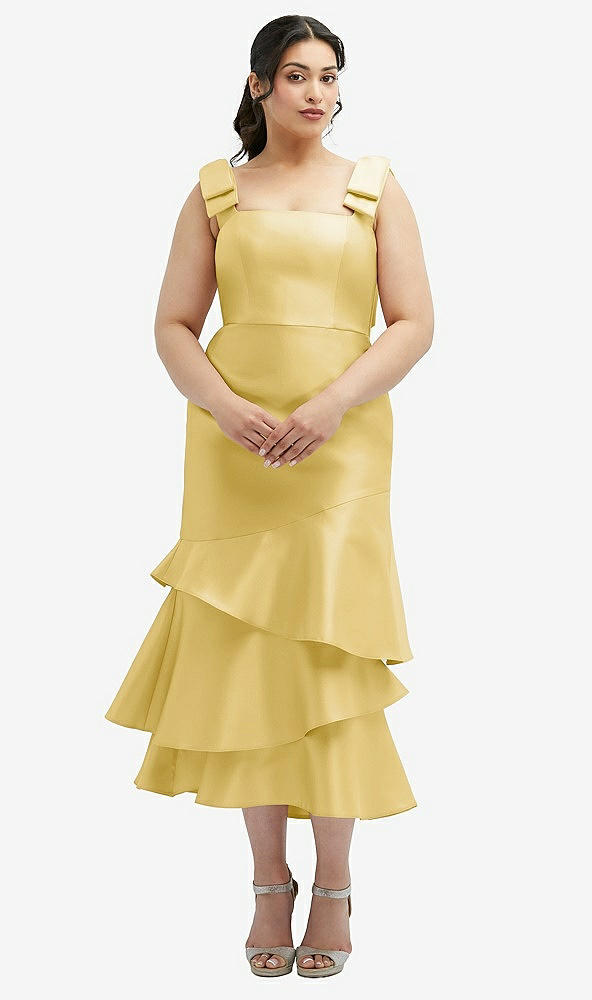 Back View - Maize Bow-Shoulder Satin Midi Dress with Asymmetrical Tiered Skirt