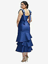 Front View Thumbnail - Classic Blue Bow-Shoulder Satin Midi Dress with Asymmetrical Tiered Skirt