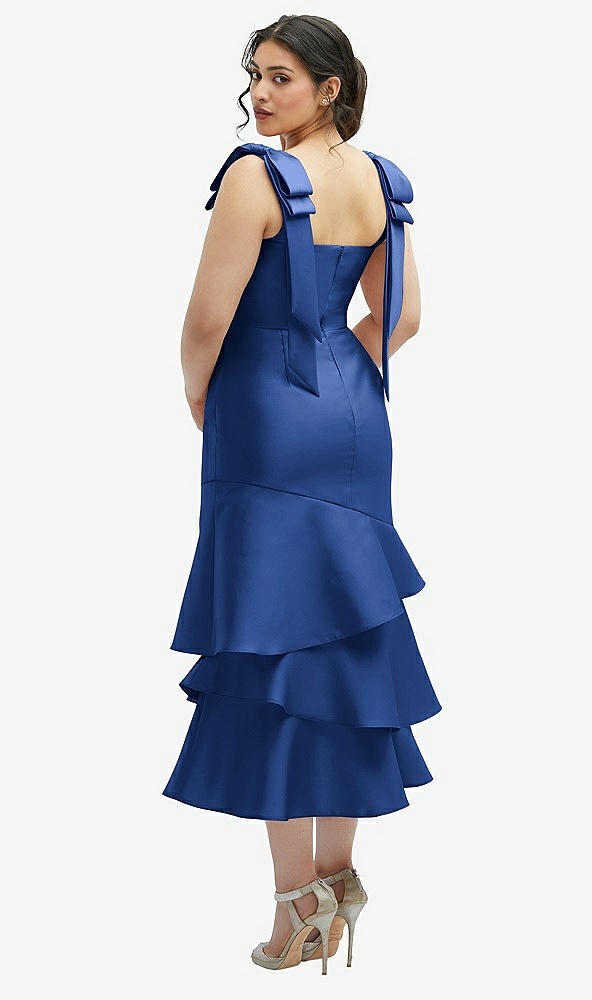 Front View - Classic Blue Bow-Shoulder Satin Midi Dress with Asymmetrical Tiered Skirt
