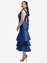 Side View Thumbnail - Classic Blue Bow-Shoulder Satin Midi Dress with Asymmetrical Tiered Skirt