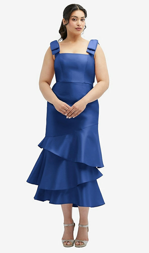 Back View - Classic Blue Bow-Shoulder Satin Midi Dress with Asymmetrical Tiered Skirt
