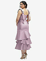 Front View Thumbnail - Suede Rose Bow-Shoulder Satin Midi Dress with Asymmetrical Tiered Skirt