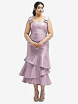 Rear View Thumbnail - Suede Rose Bow-Shoulder Satin Midi Dress with Asymmetrical Tiered Skirt