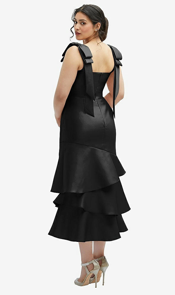 Front View - Black Bow-Shoulder Satin Midi Dress with Asymmetrical Tiered Skirt
