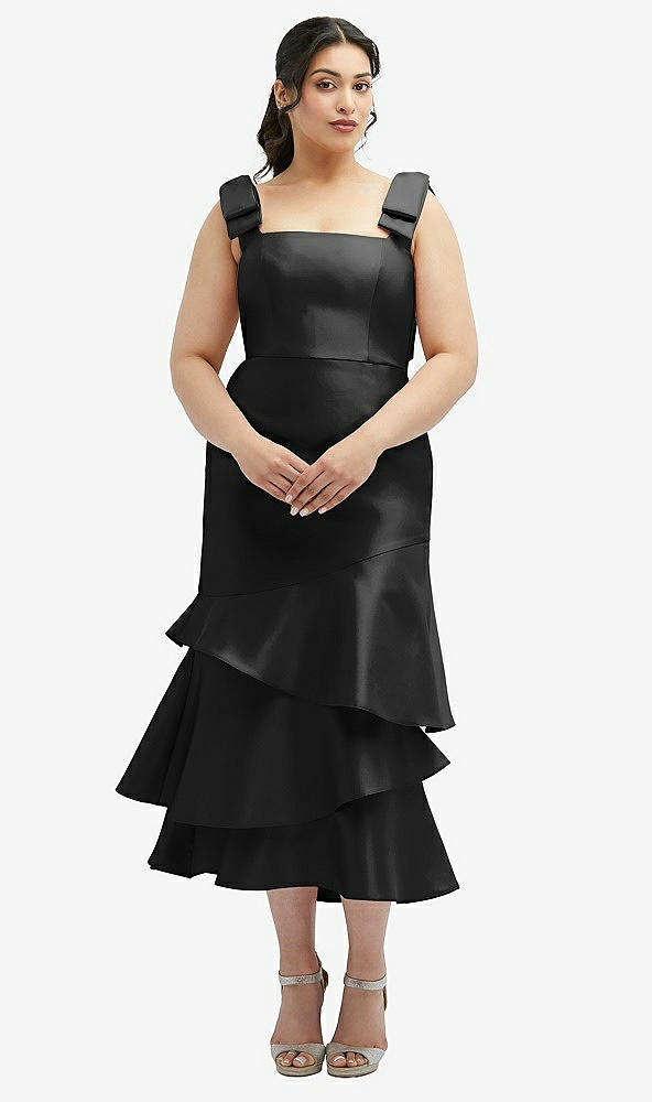 Back View - Black Bow-Shoulder Satin Midi Dress with Asymmetrical Tiered Skirt